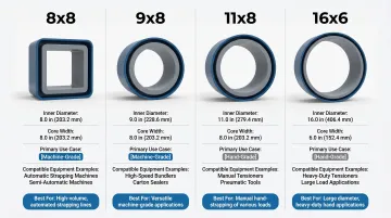 Four strapping core sizes 8x8 9x8 11x8 16x6 comparison chart infographic