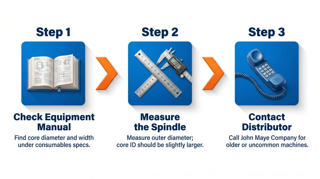 Three-step process for identifying correct strapping core size for equipment