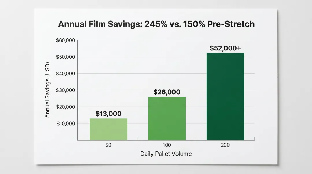 Annual stretch film cost savings at 50 100 and 200 pallets per day volume tiers