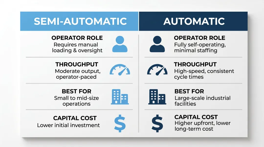 Semi-automatic versus automatic stretch wrapper comparison table with key operational differences