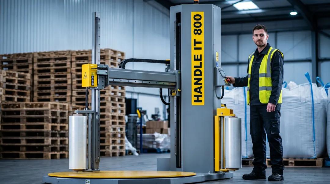 Heavy-duty industrial stretch wrapper with all-steel construction in warehouse environment