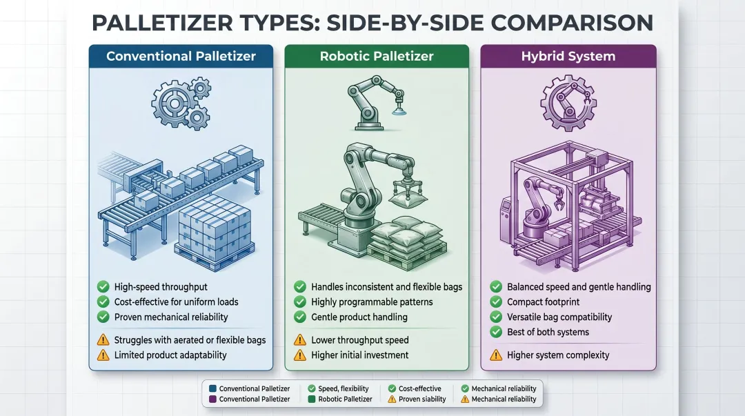 Three palletizer types comparison conventional robotic and hybrid for bagged goods