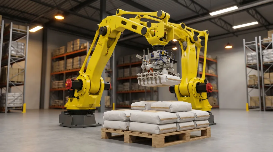 FANUC M-410 robotic palletizer arm stacking bags on industrial pallet