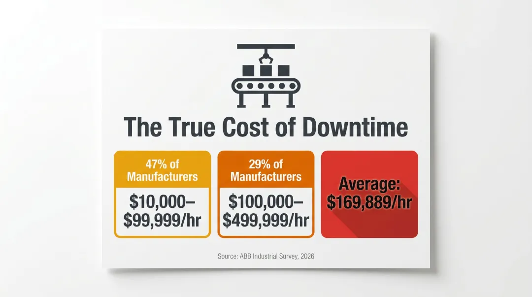 Manufacturing downtime cost breakdown showing hourly cost ranges for industrial operations