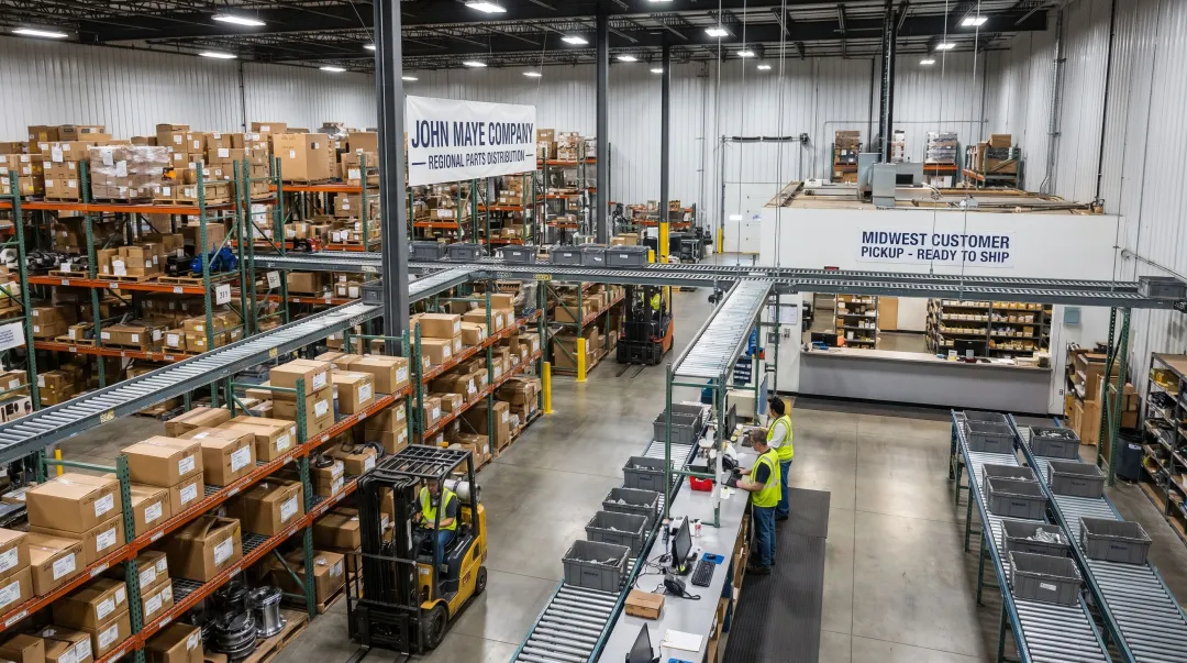 John Maye Company distributor parts inventory warehouse with conveyor components and SKUs