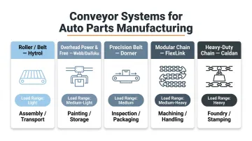 Five conveyor system types for auto parts manufacturing comparison overview chart