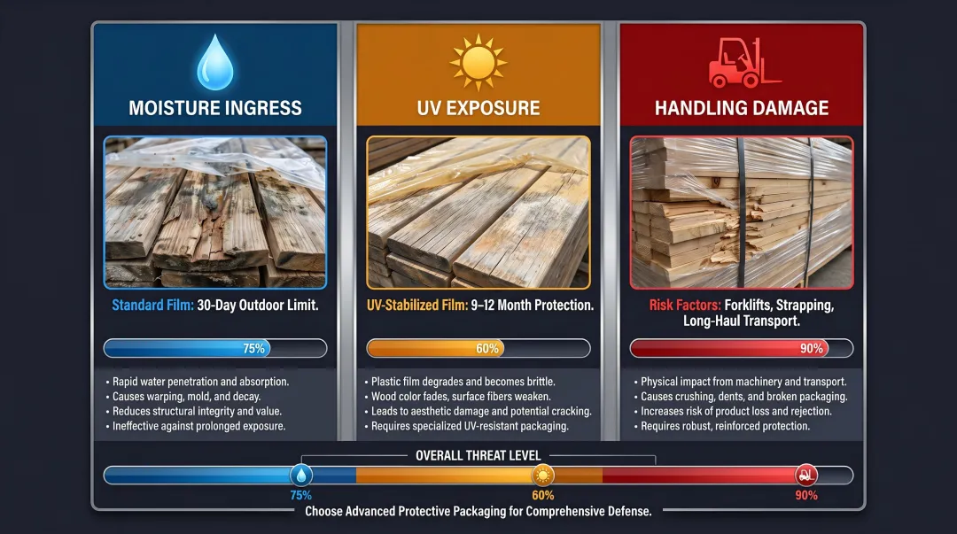 Three lumber storage threats moisture UV and handling damage comparison infographic