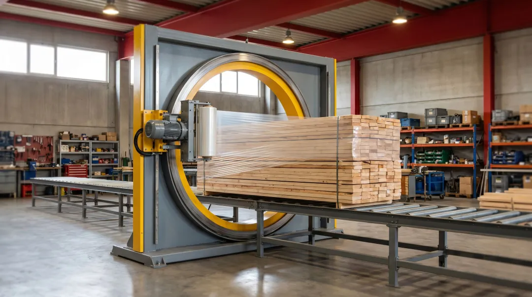 Industrial orbital stretch wrapper applying film to large lumber bundle on conveyor