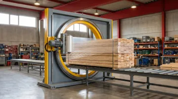 Industrial orbital stretch wrapper applying film to large lumber bundle on conveyor
