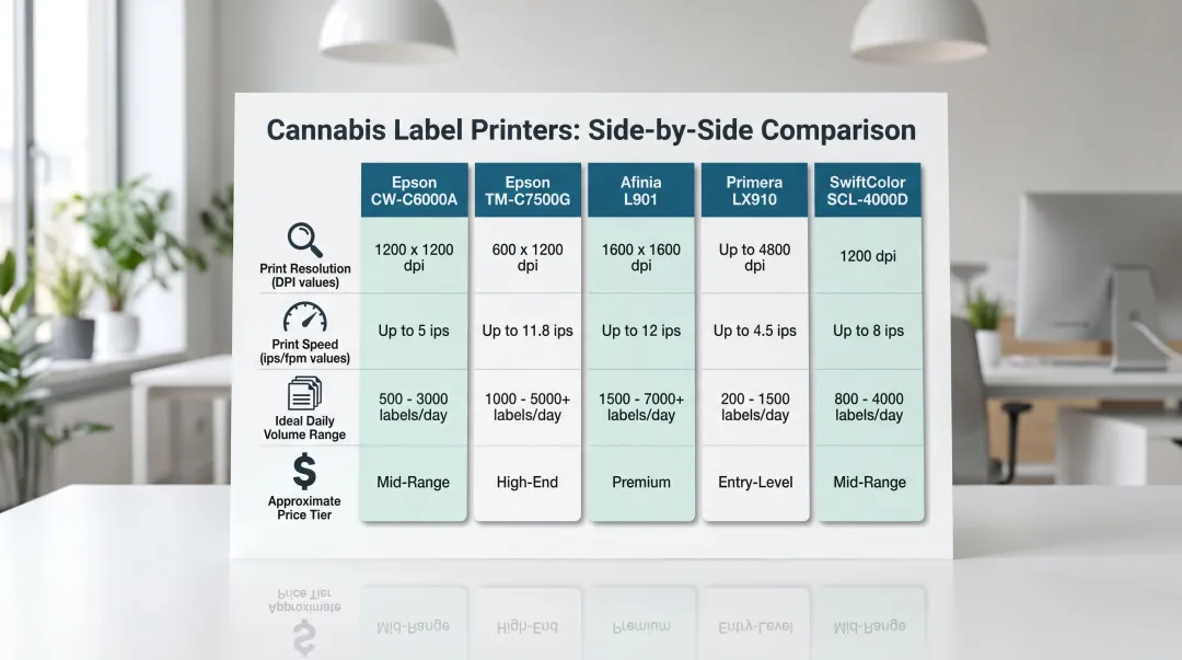 Five cannabis label printer comparison chart resolution speed volume and price