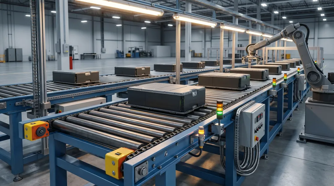 Automated robotic EV battery assembly line with chain driven live roller conveyor system