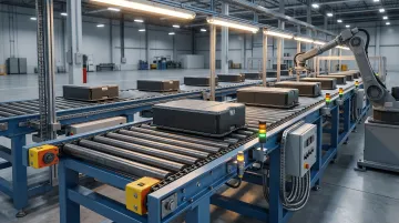 Automated robotic EV battery assembly line with chain driven live roller conveyor system