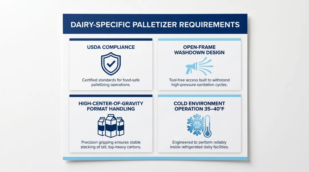 Four key dairy palletizer compliance requirements including washdown USDA and cold storage
