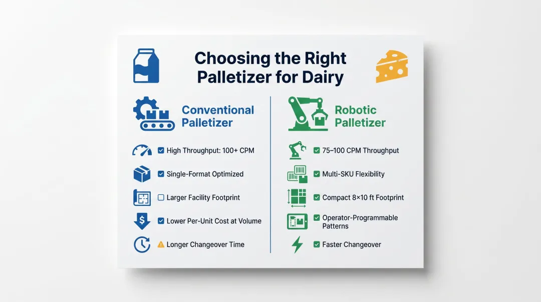 Robotic versus conventional dairy palletizer comparison infographic key trade-offs