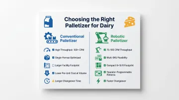 Robotic versus conventional dairy palletizer comparison infographic key trade-offs