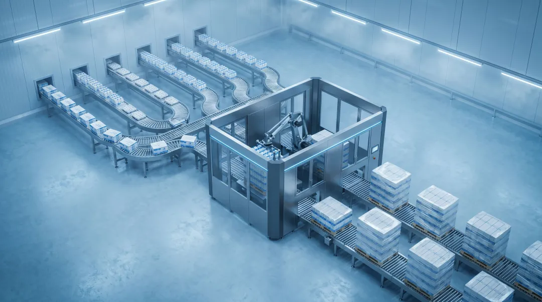 Multi-line automated palletizing system operating in refrigerated dairy warehouse environment