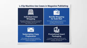 Four magazine publishing L-clip machine use cases workflow infographic
