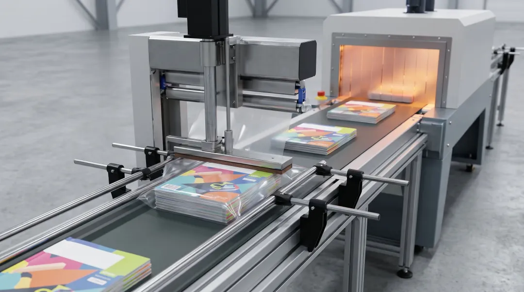 High-speed automatic L-bar shrink wrap sealer packaging magazines on production line