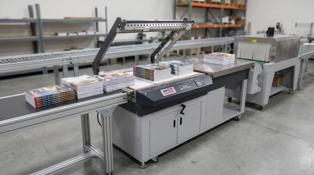 Large-format industrial L-bar sealer handling oversized magazine bundles in fulfillment center