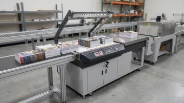 Large-format industrial L-bar sealer handling oversized magazine bundles in fulfillment center