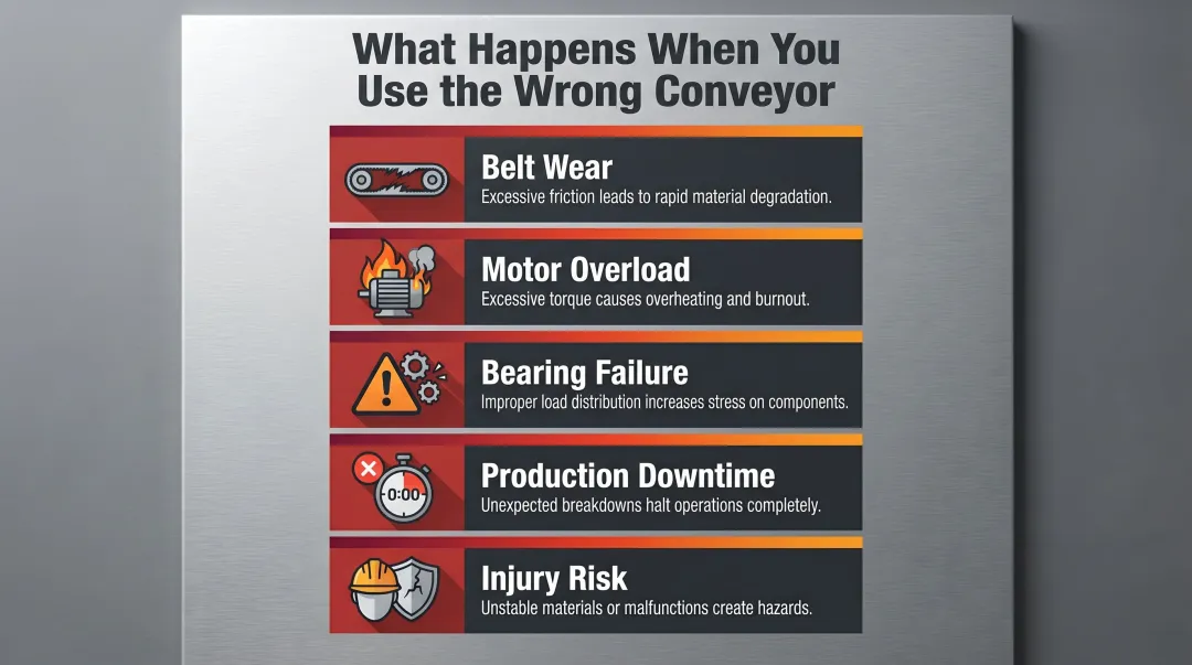 5 conveyor failure consequences in steel fabrication environments infographic