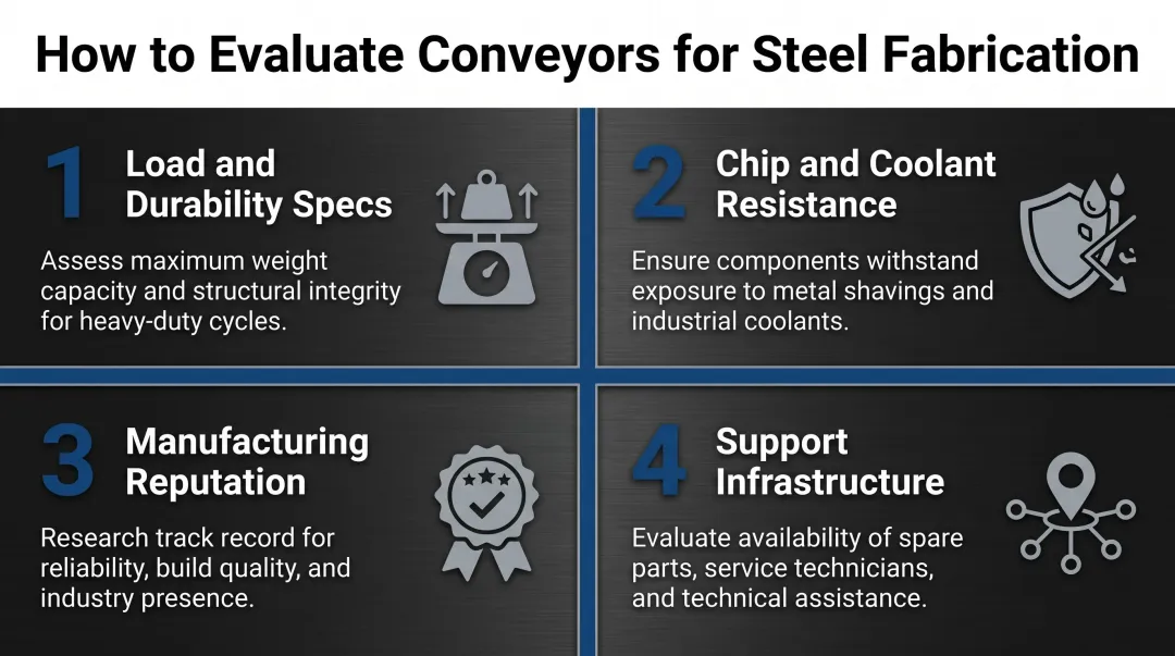 4 criteria for selecting steel fabrication conveyors evaluation framework infographic