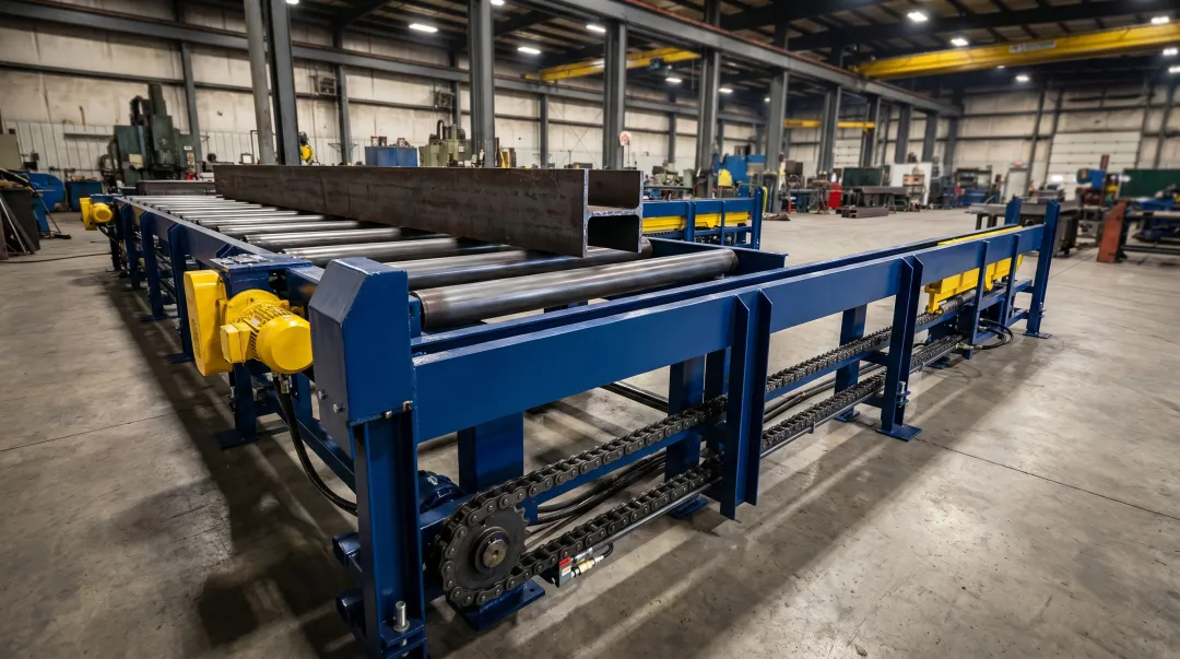 Heavy-duty chain-driven live roller conveyor transporting steel structural components