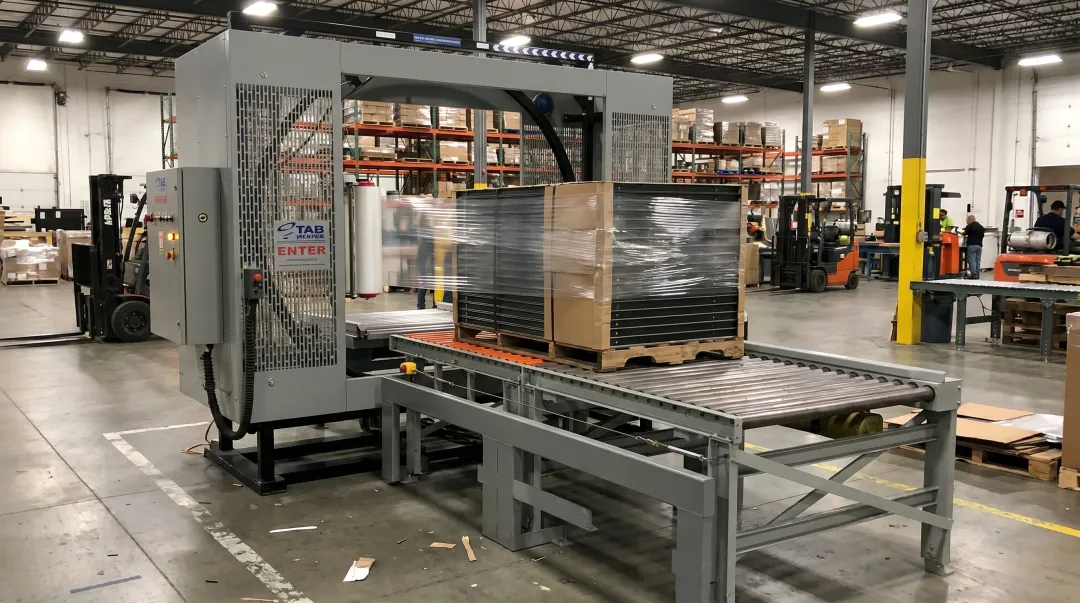 TAB Wrapper Tornado orbital wrapper wrapping bundled pipe load on conveyor