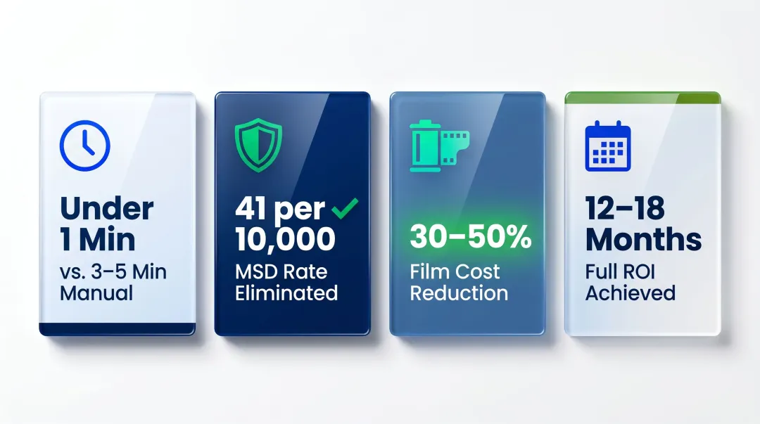 Orbital wrapper ROI metrics showing throughput injury and film savings outcomes
