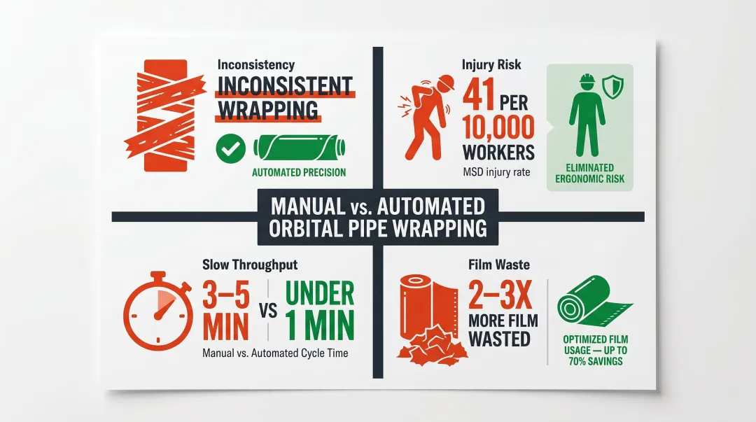 Manual pipe wrapping versus automated orbital wrapping four-problem comparison infographic