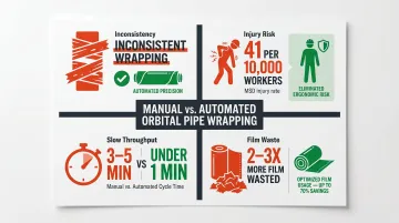 Manual pipe wrapping versus automated orbital wrapping four-problem comparison infographic