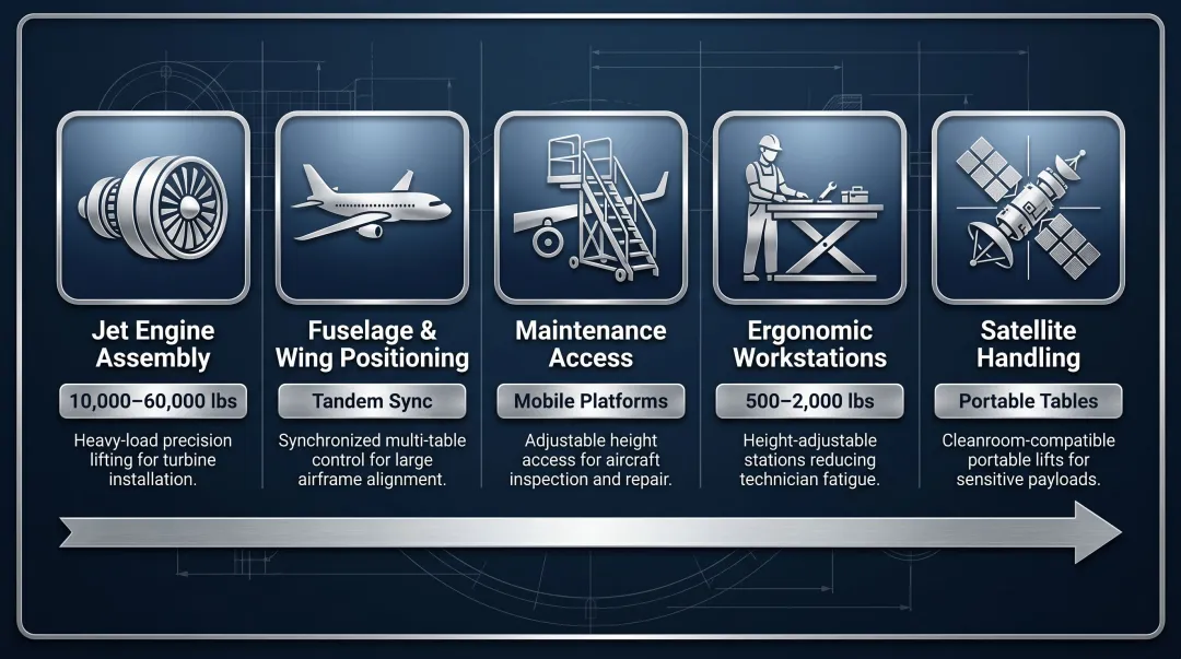 Five critical aerospace lift table application categories from engine assembly to satellites