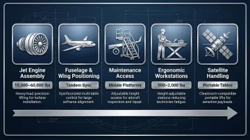 Five critical aerospace lift table application categories from engine assembly to satellites