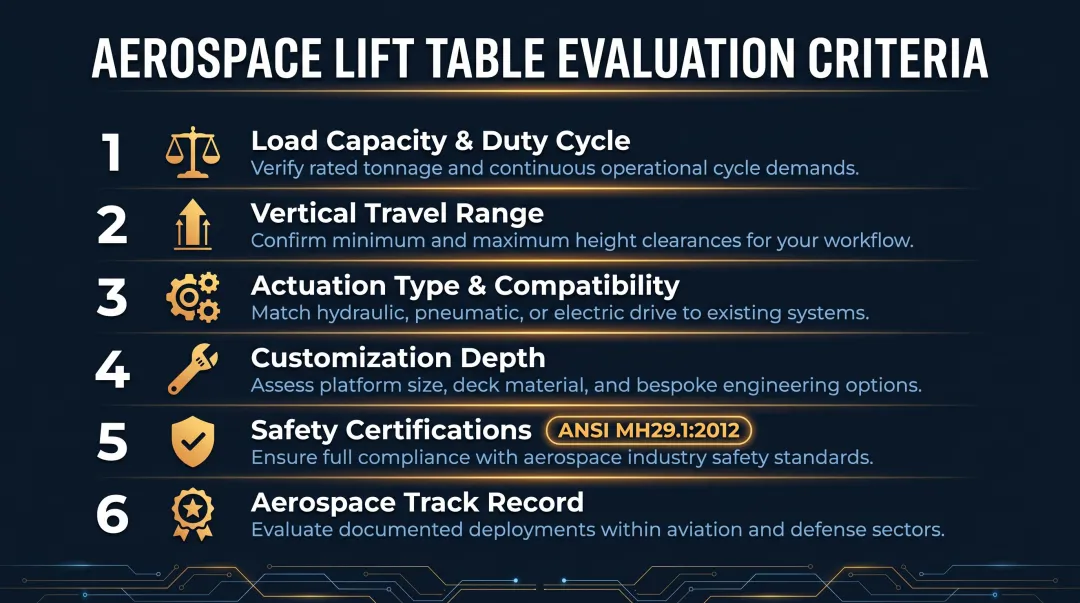 Six aerospace lift table evaluation criteria framework from load capacity to manufacturer track record