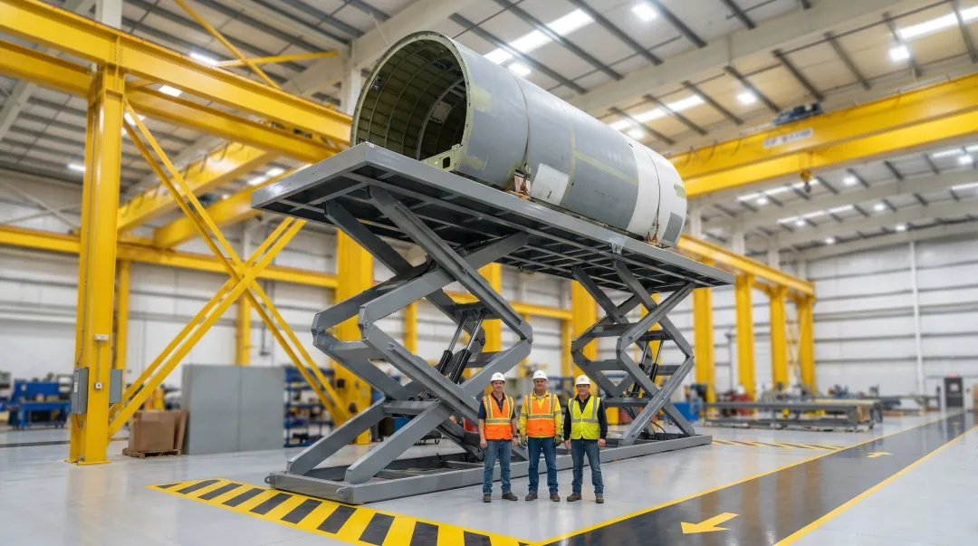 Large industrial scissor lift table inside aerospace manufacturing facility with heavy component