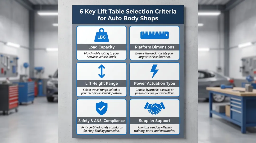 Six criteria for selecting auto body shop lift table evaluation framework infographic