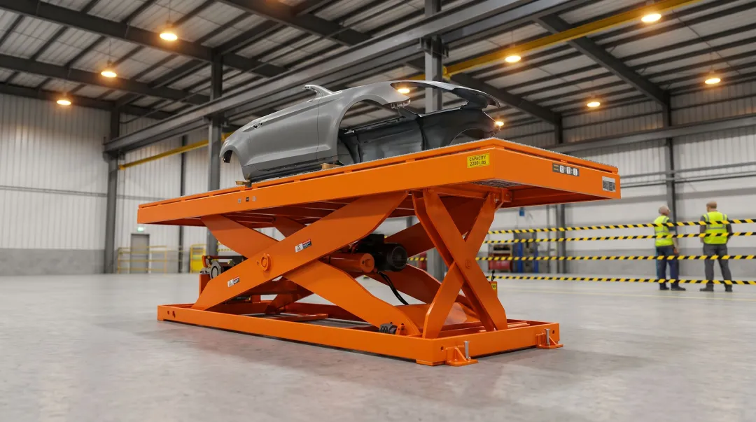 Industrial scissor lift table raising heavy automotive panel to ergonomic working height