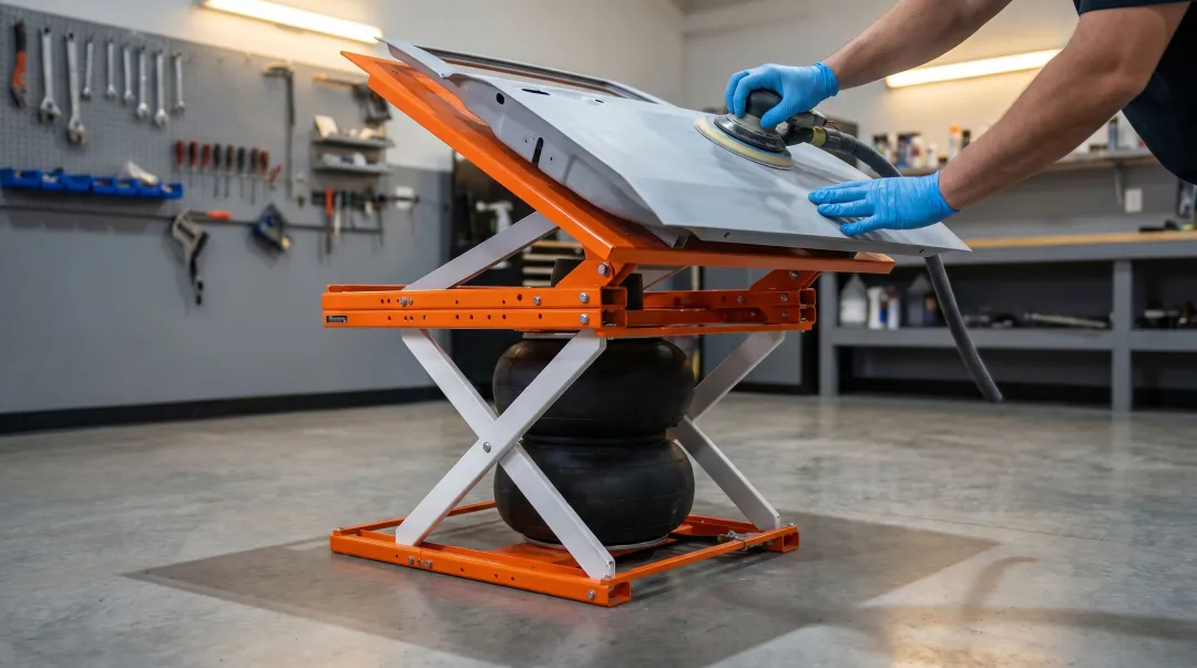 Pneumatic tilt lift table angled for automotive panel sanding and finish work