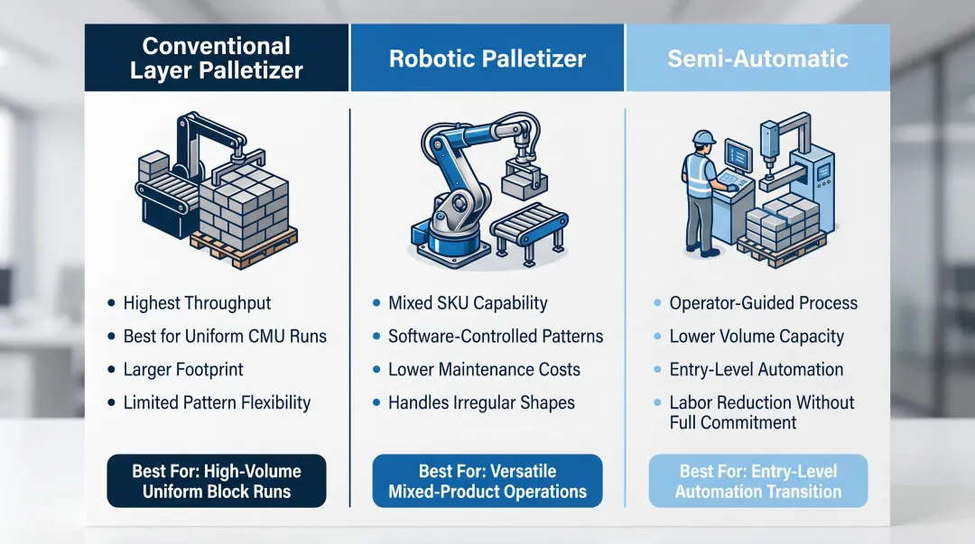 Three palletizer types comparison conventional robotic semi-automatic for brick block plants