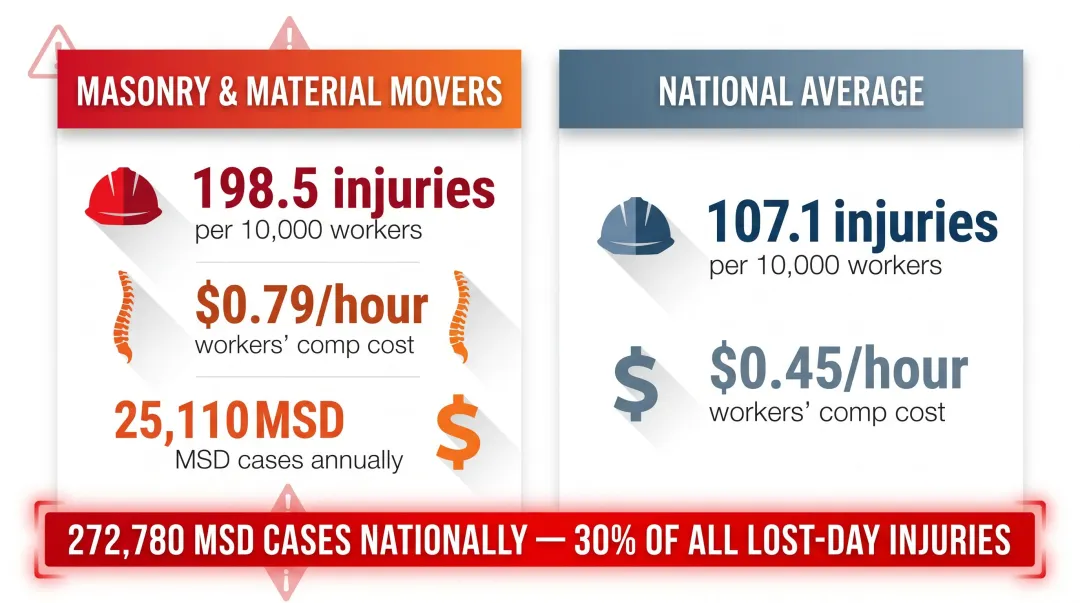 Masonry worker injury rates versus national average workforce safety statistics comparison