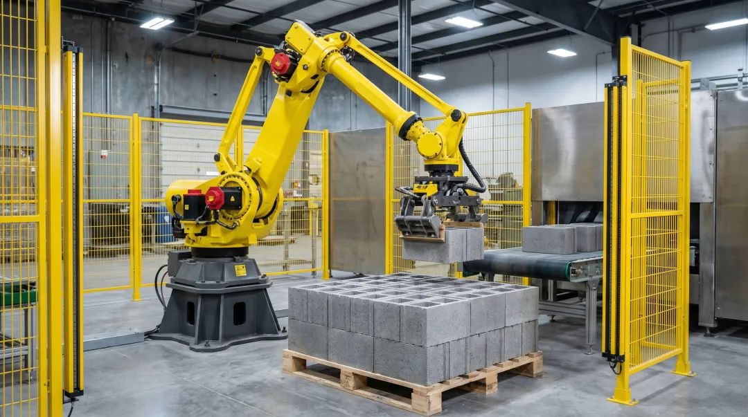 FANUC robotic palletizer arm stacking heavy masonry blocks on industrial pallet