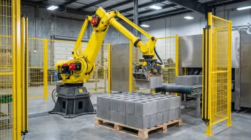 FANUC robotic palletizer arm stacking heavy masonry blocks on industrial pallet