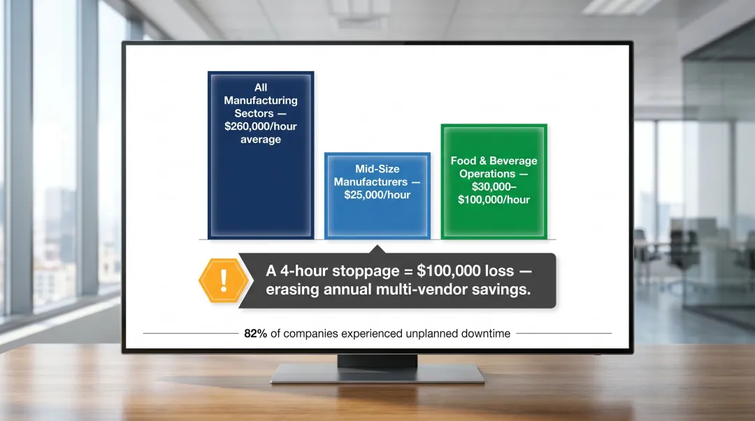 Unplanned manufacturing downtime hourly cost breakdown by industry sector infographic
