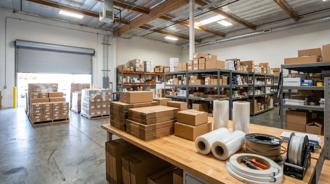 Warehouse packaging operation showing stretch film strapping and corrugated supply management