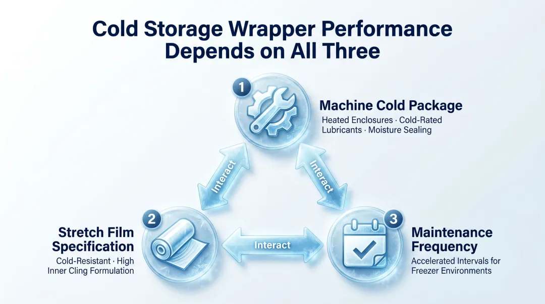 Three cold storage pallet wrapper performance variables machine film and maintenance triangle
