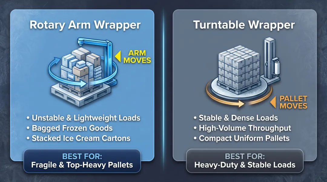 Rotary arm versus turntable pallet wrapper comparison for cold storage loads