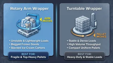 Rotary arm versus turntable pallet wrapper comparison for cold storage loads