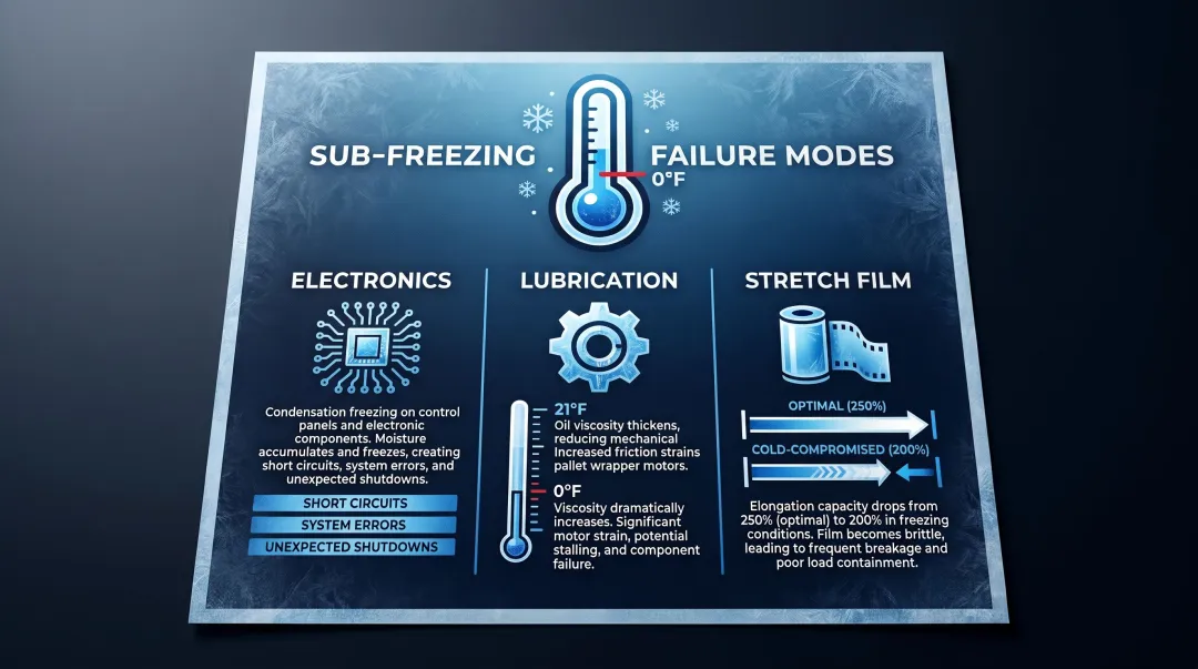 Three cold storage pallet wrapper failure points electronics lubrication and film infographic