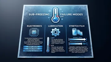 Three cold storage pallet wrapper failure points electronics lubrication and film infographic