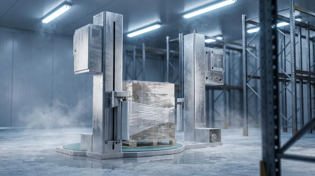 Stainless steel pallet wrapper operating in cold storage freezer warehouse environment